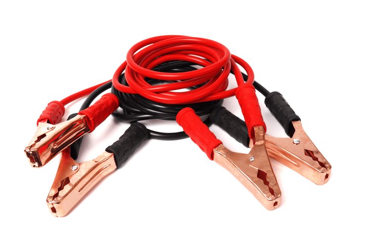 Jumper cables with metal clamps.  Red clamp and a black clamp.