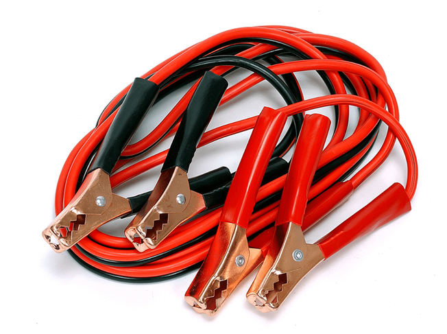 Red and black battery cables used to jumpstart a car battery.